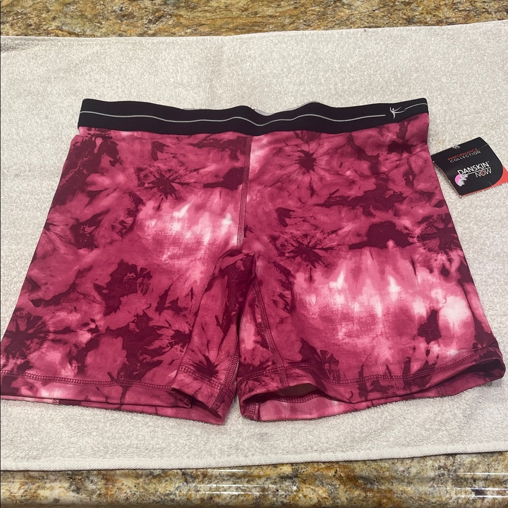 Danskin Now Berry Tie-Dye Workout Shorts with Black Waistband